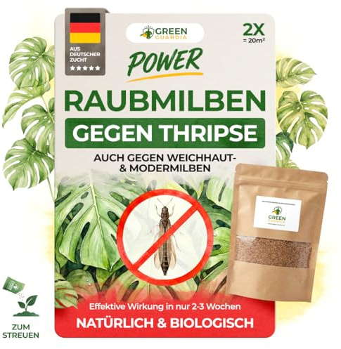 GREEN GUARDIA Power Raubmilben gegen Thripse – Streuware mit 2x Tüten für 20m² - Biologisches Mittel zur effektiven Thripse Bekämpfung für Zimmer- & Zierpflanzen uvm. - chemiefrei