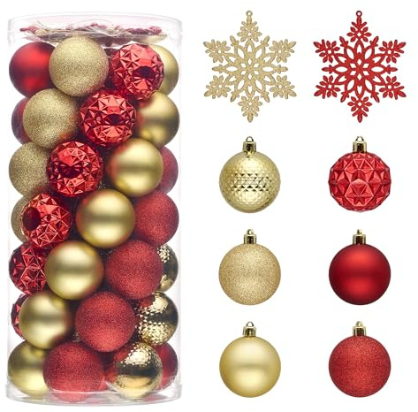 Valery Madelyn 50pcs Weihnachtskugeln Kunststoff mit Aufhänger,5cm Rot Gold Weihnachtsbaumschmuck für Weihnachtsdeko,mit Bruchsicher Schneeflocken Hängende,Deko Weihnachten