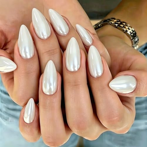 KQueenest Chrome Milky White Press on Nails Almond Medium Glazed Glitter False Nails Medium, Luxury Design Acrylic Fake Nails Set with Bling Mirror Effect Stick on Nail for Women Finger Wear 24 Pcs