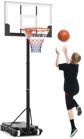GYMAX Basketballkorb Outdoor, Korbhöhe 141-273.5 cm höhenverstellbar, Basketball Korb mit Rollen & befüllbarer Basis, Mobile Basketballanlage für Kinder, Erwachsene