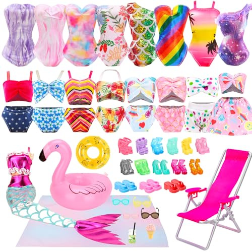 Lot 25 Pack Doll Bathing Suits Pool Accessories Set for 11.5 inch Girl Dolls - 6 pcs Swimsuits, 2 Pool Floaties, 4 Sunglasses, 8 Shoes, 1 Beach Chair, 1 Beach Towel and 3 Accessories
