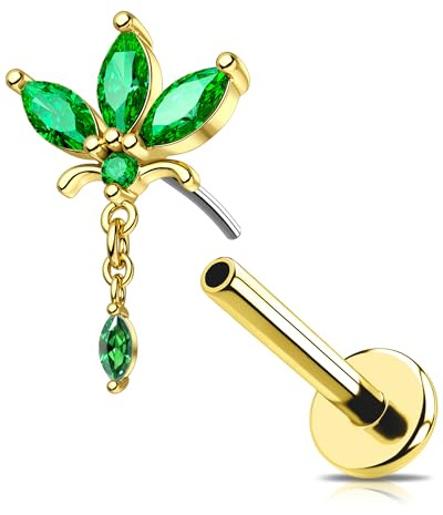 OUFER 16G Gold Blume Conch Piercing Threadless Earring Chirurgenstahl 316L Knorpel Ohrpiercing Grün Dangle Marquise CZ Helix Tragus Schmuck für Frauen 6/8 mm Lip Stud