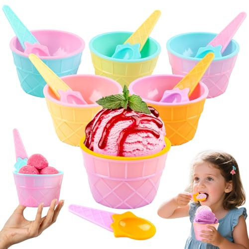 Shyllin 6 Coppette Gelato con Cucchiaio Riutilizzabili, Forma di Cialda, Coppe Gelato Plastica, Ciotola per Gelato Color adatte per Servire Gelati, Dessert e Snack (Forma Cialda)
