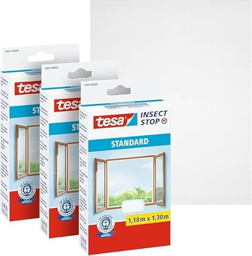 tesa Insect Stop Standard Fliegengitter für Fenster - Insektenschutz zuschneidbar - Mückenschutz ohne Bohren (3er Pack, Weiß (Leichter Sichtschutz), 1,1m:1,3m)
