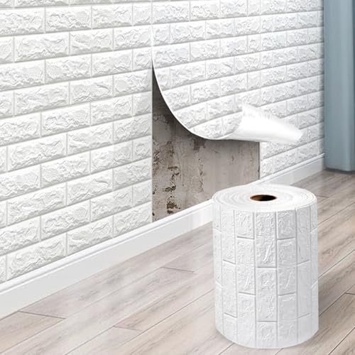 Tokenhigh Papier peint autocollant 3D effet brique blanche, 50 cm x 5 m, aspect pierre, revêtement mural pour cuisine, chambre à coucher, salle de bain, salon (5 m)