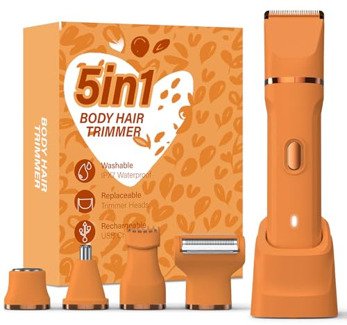 HOHOLE Recortadora de bikini 5 en 1 para mujer, afeitadora eléctrica impermeable IPX7, recortadora de vello corporal inalámbrica, depilación facial y púbica, hoja de cerámica (naranja puro)