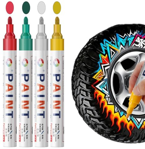 Nurila 4 Stück Reifenstift Weis Wasserfest, 4 Farben (Rot, Weiß, Grün, Gelb) Auto Reifen Stift,2-3mm, Graffiti, Lackstift Reifenstift Große Kapazität Für Auto Motorrad Reifen, Glas, Metall, Gummi