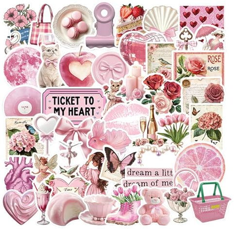 100pcs Vintage Pink Girls Stickers Scrapbooking Stickers Coquette Pink Aesthetic Waterproof Vinyl Stickers for Water Bottles,Laptop Scrapbook Computer Phone Guitar Journal Aesthetic Decals