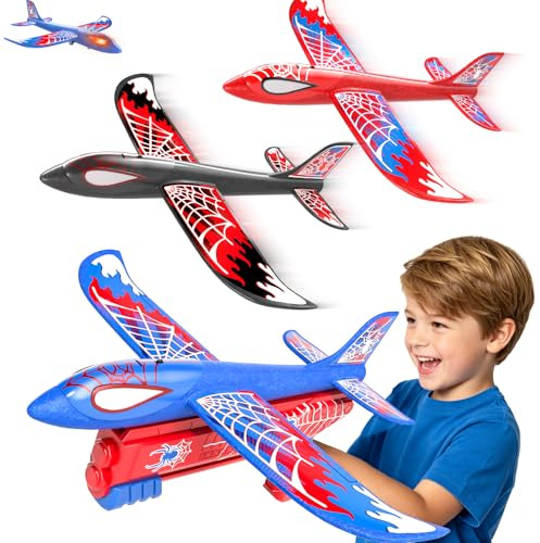 Doloowee Jouet d'avion pour garçon de 3, 4, 5, 6 Ans, 3 Avions en Mousse avec 1 Lanceur, Jouet de Jardin d'extérieur avec éclairage, Cadeau pour Les Enfants à partir de 3 Ans
