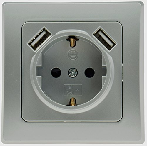 ChiliTec USB-Steckdose mit Berührungschutz 2xUSB Unterputz Schutzkontakt-Steckdose 250V / 16A USB-Port 5V / 2,1A Laden von Smartphone Tablet Grau Silber