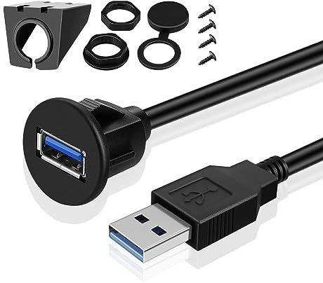 TNP USB 3.0 Flush Mount Cable w/Buckle, Dashboard Panel Dash Mount 1 Port USB Socket Plug Jack Connector Extension Wire Cord Water Resistant Male to Female (1M / 3FT)