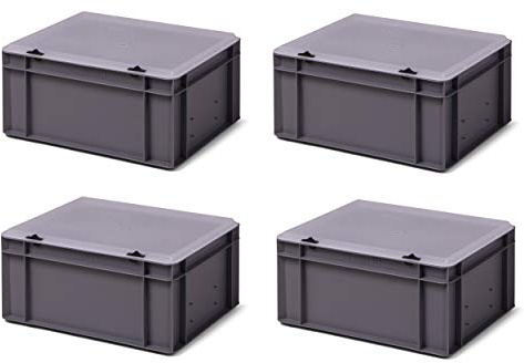 4er-Set Aufbewahrungsboxen Stapelboxen mit Deckel grau/transparent, 40 x 30 x 18,5 cm, extra stabil, Industriequalität aus DE