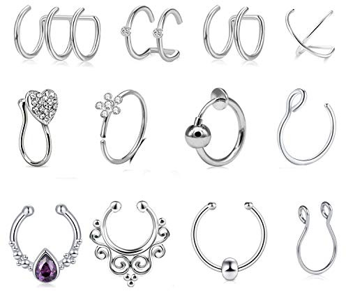 Mayhoop 12 Stück Fake Piercings Fake Nasenpiercing Ear Cuffs Fake Septum Ring Hoop Silber Fake Helix Lippen Piercing Ohrmanschette Ohrclips Non Piercing Schmuck