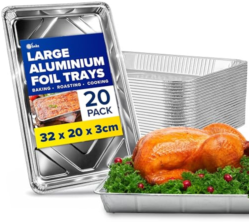 ebake Aluminium Foil Trays - 20 Pack Disposable Foil Containers (32cm x 20cm x 3cm) - Large Roasting Tin for Baking, Roasting, Cooking, Broiling, BBQ and Food Storage - Foil Baking Trays for Oven
