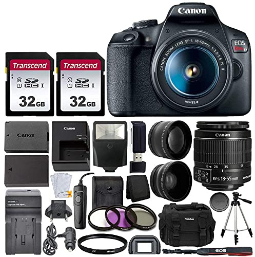 Canon EOS Rebel T7 Digital SLR Camera with EF-S 18-55mm f/3.5-5.6 is STM Lens + 64GB Memory Card + Wide Angle and Telephoto Lens + Tripod + Extra Battery + Remote + Slave Flash (Renewed)