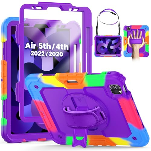 SEYMCY Kids Case for iPad Air 5th/4th Generation 10.9 Inch 2022/2020 | Full-body Shockproof with Screen Protector, 360° Rotating Stand & Hand Strap, Shoulder Strap, Pencil Holder, Purple