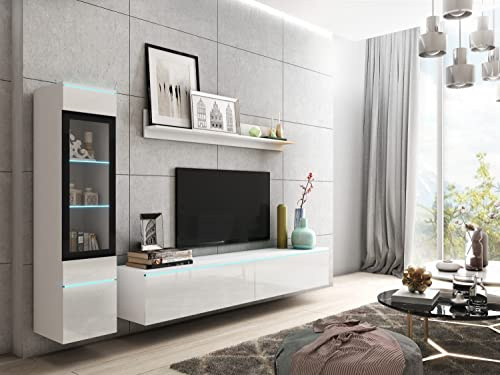PIASKI Conjunto de Muebles de Salón Vera I, Vitrina, Mueble de TV y Estantería, Tablero Laminado MDF con Cristal Templado, 3 Piezas, Estilo Moderno, Blanco Brillo, Sin iluminación LED