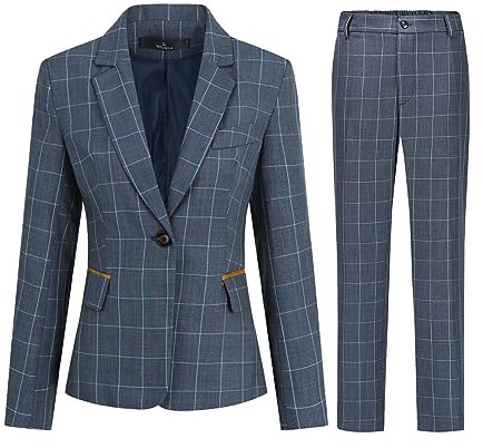 YUNCLOS Women Plaid 2 Piece Trouser Suits Long Sleeve Smart Formal Office One Button Blazer and Trouser Blue