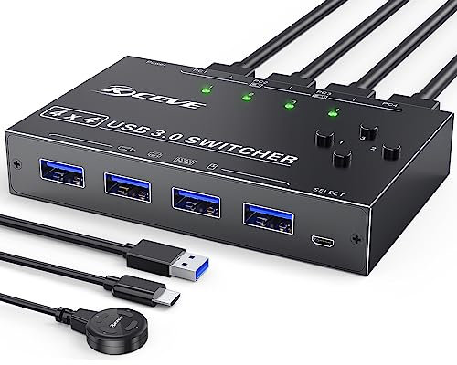 MLEEDA KVM Switch USB 3.0 4 Porte - Condivisione 4 PC e 4 Dispositivi USB - Commutatore per Tastiera, Mouse, Stampante - Con Pulsante Remoto Cablato e 4 Cavi USB 3.0