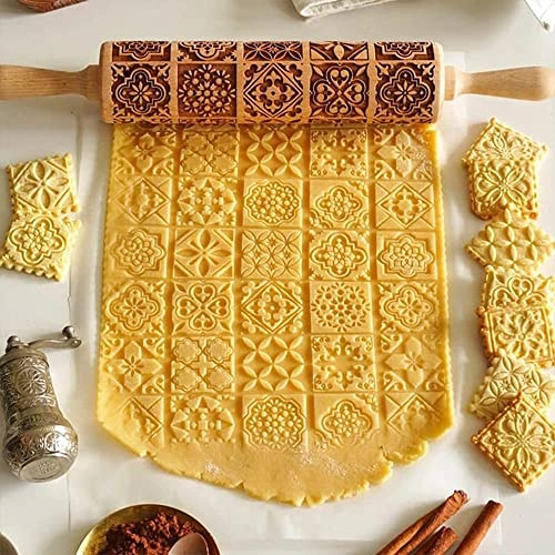 Exquisite Engraved Pattern Wooden Rolling Pin, Wooden Pastry Roller, Embossed Rolling Pin, Fondant Sugarcraft Roller, Cake Decorating Tools