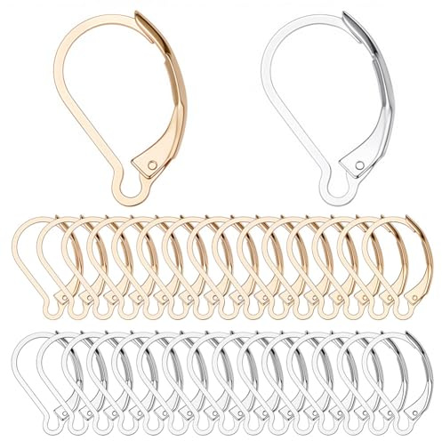 SUNNYCLUE 1Scatola 60pezzi Argento 24K Placcato Oro Oro Francese Ganci per Orecchino Leverback Risultati per Orecchino Leverback 6.5x10mm Leva Indietro Earwires per Gioielli Fare Orecchini Fai Da Te M