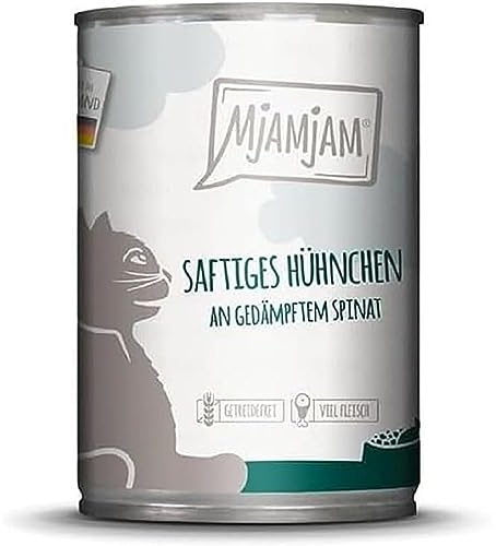 MjAMjAM - Premium wet food for cats - succulent chicken on steamed spinach, pack of 1 (1 x 400 g), grain-free with extra meat