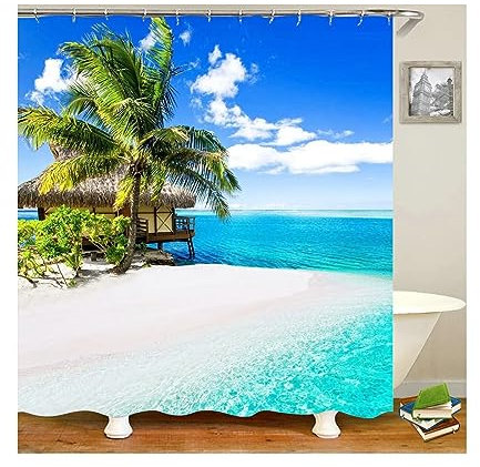 Homxi Ösen für Duschvorhang,150 W x 200 H cm,Bad Vorhang Blau Grün Landschaft am Meer Polyester Duschvorhangringe Plastik