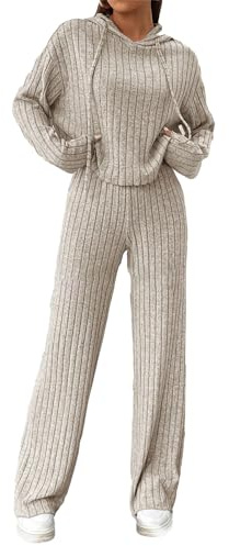 Caziffer Ensemble Femme Tricoté à Couleur Unie Ensemble Femme Chic et Élégant Ensemble Manches Longues Taille Élastique (Kaki, L)