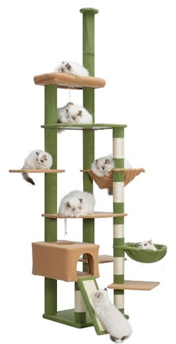 Heybly Cat Tree 92.5-104.3 Inches with Hammock, Floor to Ceiling Cactus Cat Condo, Tall Cat Climbing Tower Adjustable with Scratching Posts for Indoor Cats, Green and Yellow HCT091GM
