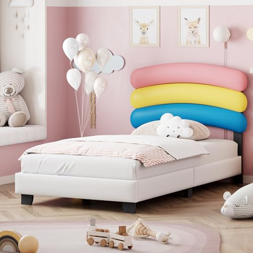 Azkoeesy Polsterbett 90 x 200 cm, Kinderbett 90 x 200 cm, mit Lattenrost, mit Kopfteil in Regenbogen, Bezug aus PU-Leder, Mädchenbett, Jugendbett (Weiß)