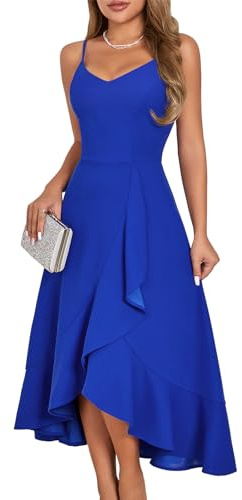 DRESSTELLS Robe de Cocktail Femme Festif Bretelles Hautes Robes de Mariage Mi-Longues Ourlet à Frou-Frou Robe d'été Dos-Nu Robe de Fête Elégante RoyalBlue L