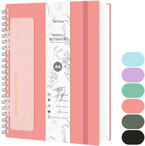 Qefuna Notebook A4 a Righe, Quaderno a Spirale 300 Pagine, Carta Antiinchiostro 100g/M², Copertina Rigida in PVC, con Righello, Tasche Espandibili, Elastici, per Donna, Uomo, 21x 28 cm - Rosa