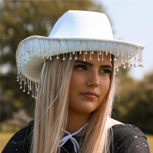 LOVETRENDS Mode vit diamant cowboyhattar – paket med 1 – vit cowboyhatt med silver strass frans – vuxna mode musik festival maskeradtillbehör