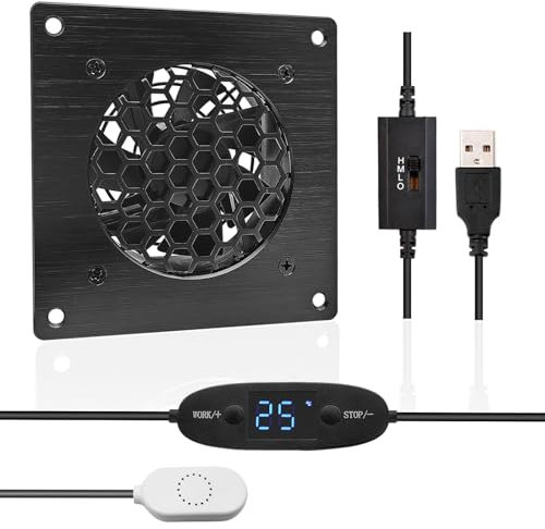 iYueMps Ventilateur USB 80 mm Système de ventilateur silencieux avec affichage numérique de la température, Cadre en aluminium brossé noir,Ventilateur 5 V pour meuble AV, meuble TV, home cinéma