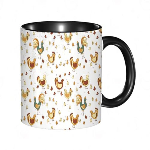 reyawdf Original Tasse mit lustigem Design,Hahn und Henne und ihre Babys,330ml, für Kaffee- und Teeliebhaber, als Geschenk für Weihnachten, Geburtstag und mehr