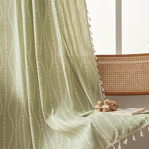 Sutuo Home Boho-Vorhänge für Schlafzimmer, Wohnzimmer, Esszimmer, Streifen- und Blumenmuster, Vintage, Quasten, Vorhang für Osterdekoration, Stangendurchzug, 1 Vorhang ca. 150 x 213 cm (B x L), Grün