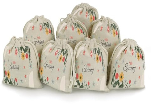 Hiseng 8 Stück Jutesack, Bedruckt Osternsack Jutesack 17 x 12.5 cm Jutesäckchen für Geschenkbeutel Ostern, Muttertag, Säckchen für Schmuck Hochzeit (Spring,8 Stück)