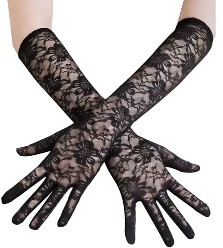 MUNSKT Spitze Handschuhe Lang für Damen Ellenbogenlänge Florale Spitzen Spitzenhandschuhe Schwarz 1920er Jahre Verlobungskleid Party Teeparty Tanz Oper Halloween Handschuhe für Damen