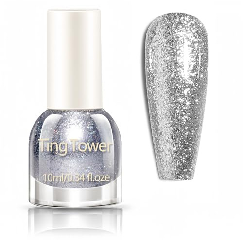 Glitter Nail Polish,Silver Diamond Glitter Nail Polish,Holographic Sparkly Quick Dry Nail Varnish,Flash Shiny Color Reflective Clear Sequins Varnish,Long-lasting No Need Baking Easy to Apply