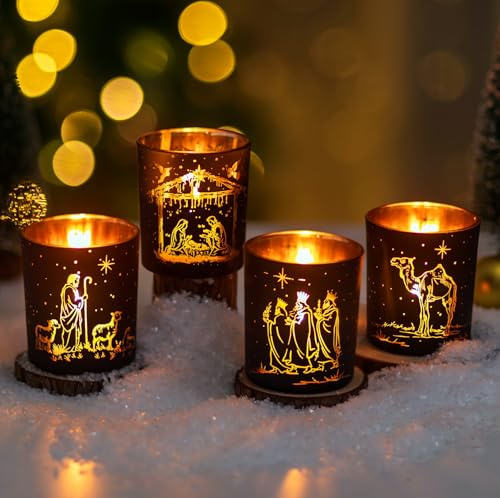 Glasseam Vasos De Té Modernos De Navidad De La Natividad: Juego De 4 Portavelas De Té De Vidrio De La Natividad De Navidad Arreglo De para Adviento Vasos De Vela para DecoracióN NavideñA