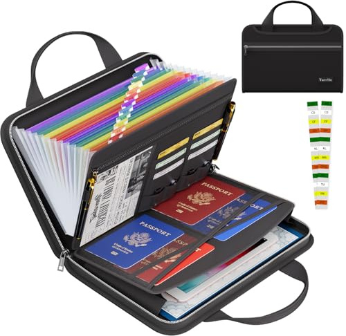 Tamfile Important File Organiser with Handles, 13 Pockets Colorful Inside | Fireproof Document Storage Folder, A4 Expanding File Folder, with Zipper Labels, Portable, Waterproof, for Office Home School