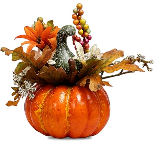 Snyvpra Zucca decorativa artificiale, decorazione autunnale, zucca con fiore e melone verde, per Halloween e giorno del Ringraziamento