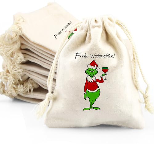 12 Stück Weihnachtssäckchen mit Grinch-Motiv, Adventskalender säckchen 2025-Baumwoll Stoffbeutel mit kordelzug (20x15 cm) - Kleine Geschenktüten, Stoffsäckchen