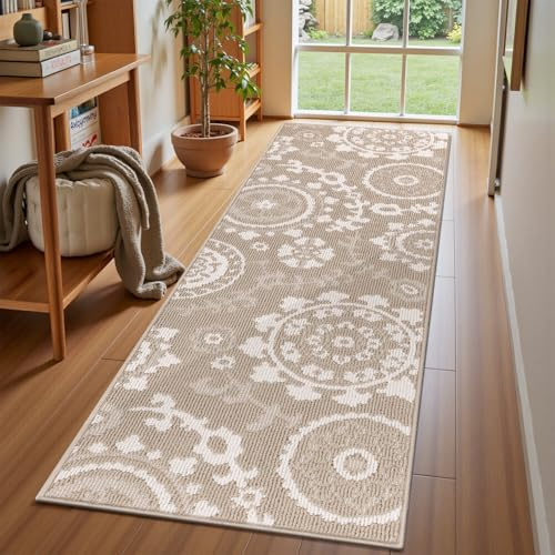 Homodeco Langer Teppich Läufer Flur rutschfest, Kurzflor Schlingenflor Flurteppich Läufer Lang Flurläufer Modern, Küchenteppich Waschbar, Teppichläufer für Flur, Wohnzimmer, Küche, Beige, 60 x 180 cm