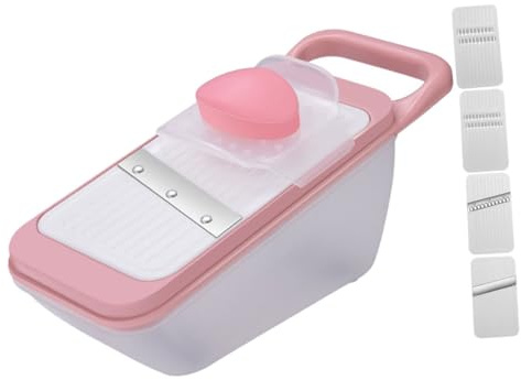 VALICLUD Cortador de Patatas y Verduras Multifuncional con Cuatro Cuchillas Diseño Compacto y Seguro para Uso Doméstico Cocina Incluye Protector para Manos Color Rosa