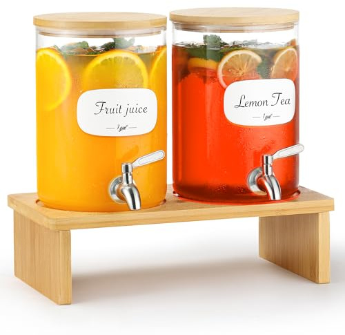 KitHero 1 Gallon Glass Drink Dispenser for Parties. 2 Pack Glass Beverage Dispenser with Bamboo Stand,18/8 Stainless Steel Spigot and Bamboo Lid, 8 Waterproof Labels.Usde as Lemonade,Iced& Hot Drinks.