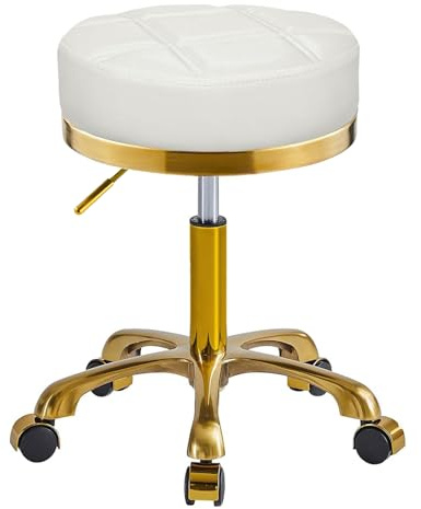 XCRFKGW Rollhocker Gold Hocker mit Rollen, Runden Drehhocker Höhenverstellbar 45-58cm, PU Leder Bequemer Schminkhocker, Bürohocker Tattoo Stuhl, Traglast 400l (Weiß, ohne Rückenlehne)