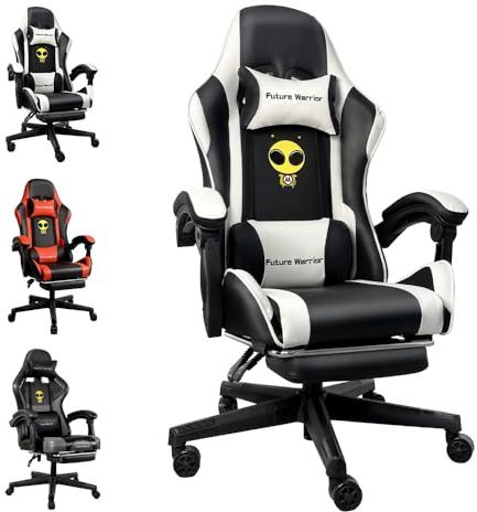 Future Warrior Ergonomischer Gaming-Stuhl mit Fußstütze, Kopfstütze und Lendenwirbelstütze Höhenverstellbarer gepolsterter Gaming-Stuhl PC-Sessel Drehstuhl Schwarz (Schwarz-Weiß)