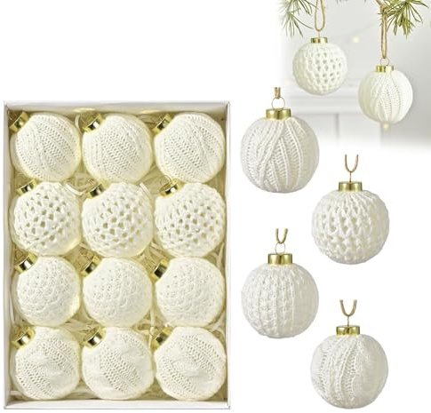Häkel-Weihnachtskugeln, moderne Weihnachtsdekoration, neutral, handgefertigt, gestrickte Baumwollkugeln für Weihnachtsbaum, rustikale Bauernhaus-Dekoration, Weiß, 12 Stück