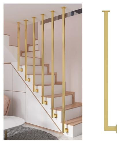 Elegante ringhiera per scale in ferro battuto a forma di L, mandrini e balaustre in metallo dorato resistente, altezza 90 cm, elegante ringhiera per case, hotel e interni moderni